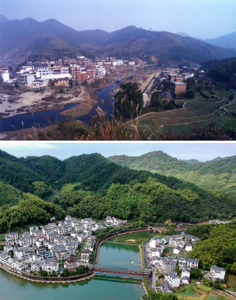 圖為浙江省杭州市淳安縣楓樹嶺鎮(zhèn)下姜村拼版圖，其中上圖為資料照片、下圖由新華社記者張鋮攝。